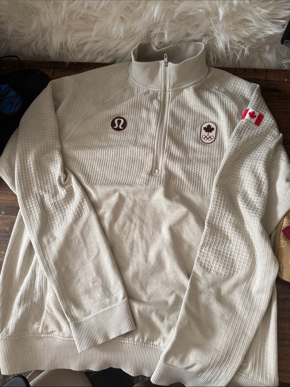 lululemon athletica Men’s Cream Half-Zip Sweater with Red Accent Patches